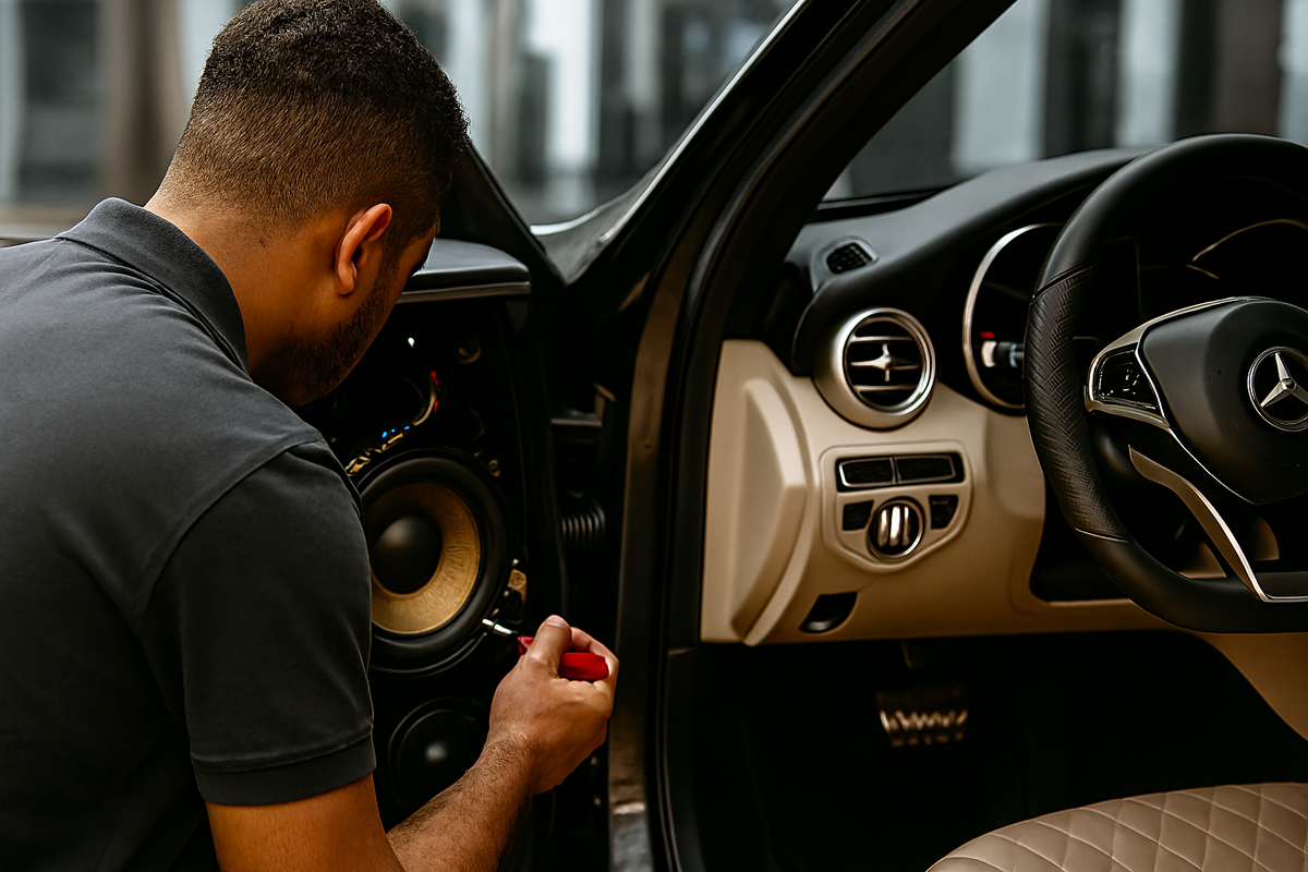 Monteur van Sweetlake Customs bouwt een luidspreker in het portier van een Mercedes in