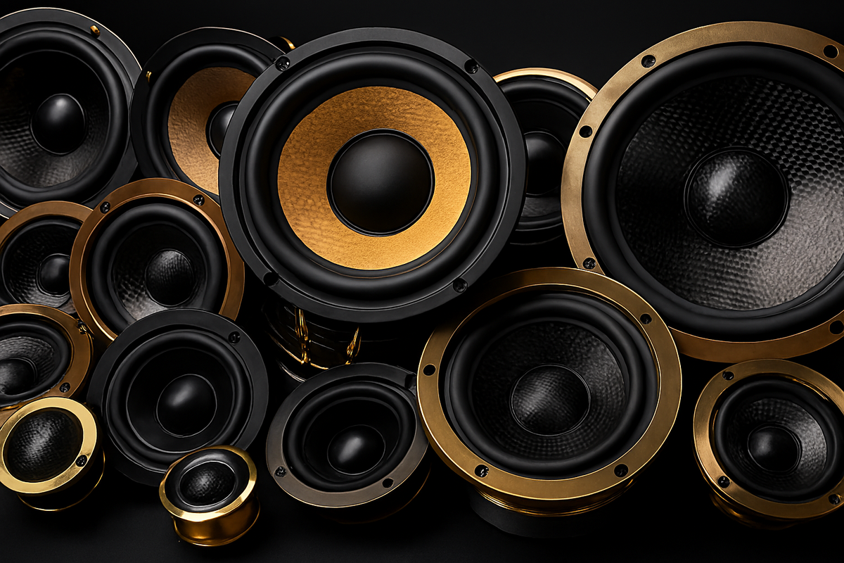 Car audio luidsprekers en subwoofers in zwart en goud